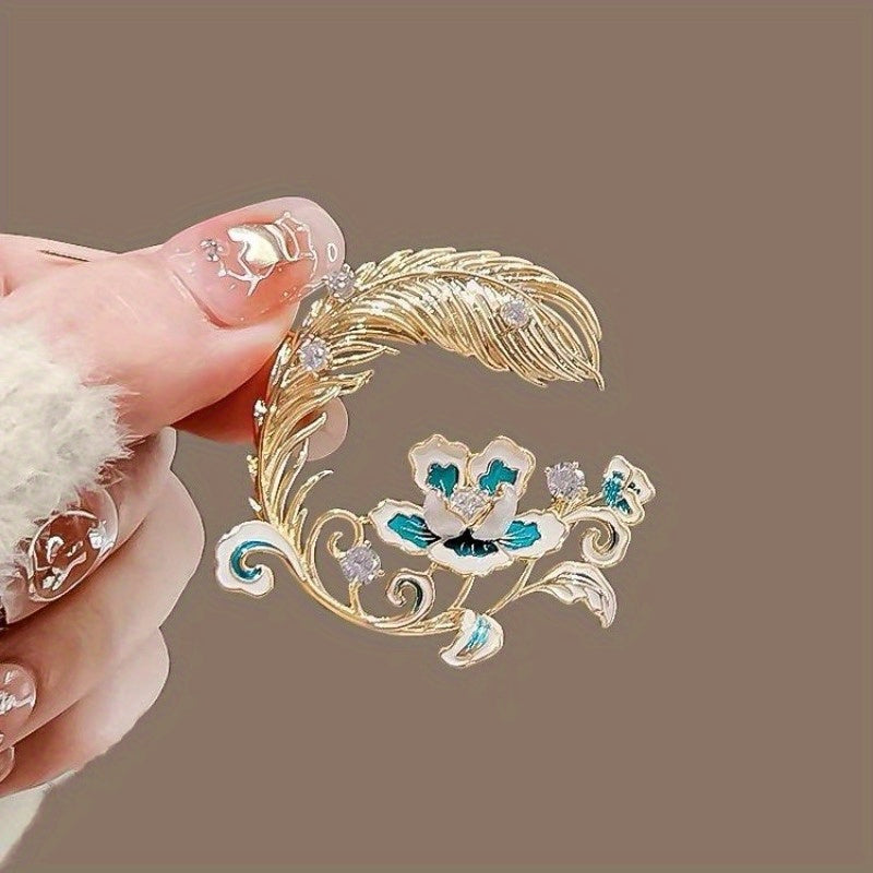 Stylish Chinese Peony & Feather Brooch Pin, Exquisite Alloy & Rhinestone Flower Lapel Pin for Women, One-of-a-Kind Statement Piece for Jackets and Sweaters