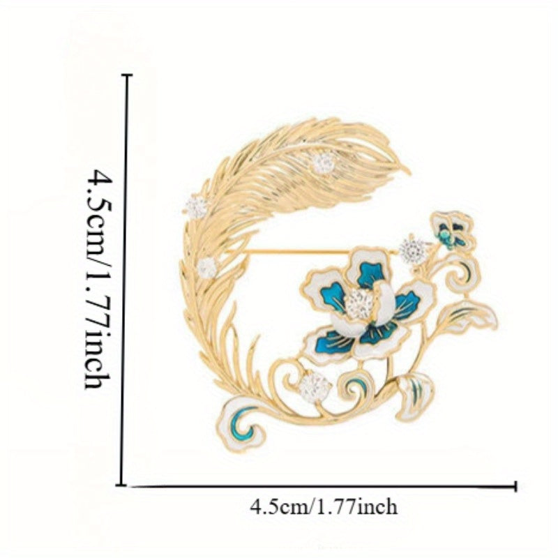 Stylish Chinese Peony & Feather Brooch Pin, Exquisite Alloy & Rhinestone Flower Lapel Pin for Women, One-of-a-Kind Statement Piece for Jackets and Sweaters