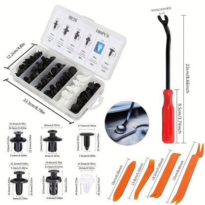 105 piece auto fasteners kit with removal tools for car nylon plastic rivets, door panel bumper clips set for vehicle trim repair.