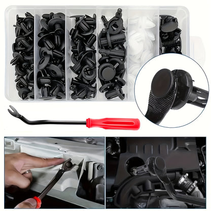 105 piece auto fasteners kit with removal tools for car nylon plastic rivets, door panel bumper clips set for vehicle trim repair.