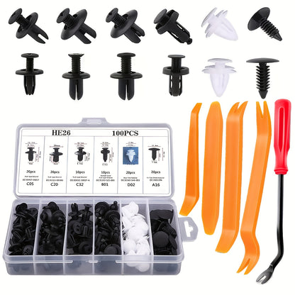 105 piece auto fasteners kit with removal tools for car nylon plastic rivets, door panel bumper clips set for vehicle trim repair.