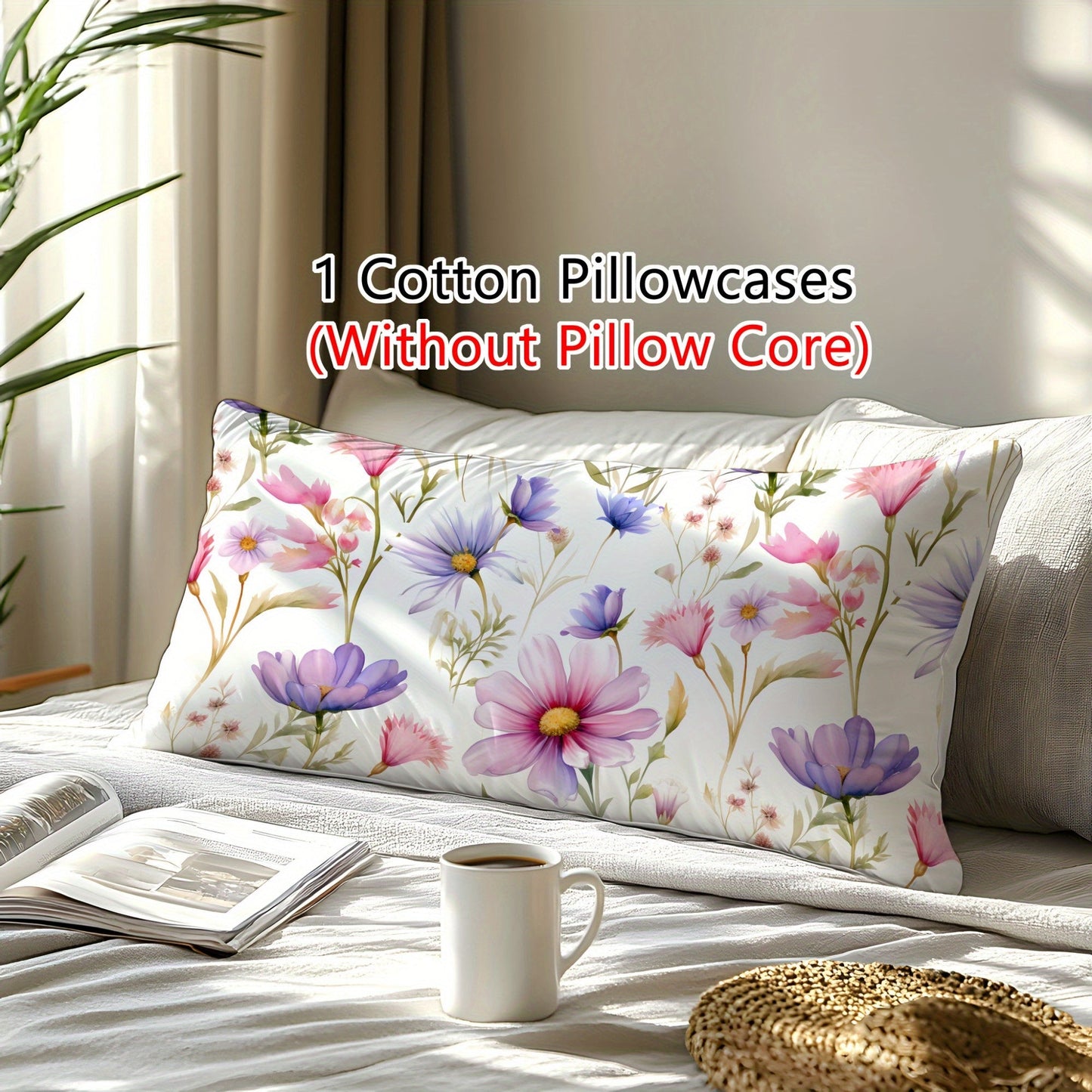 Luxurious Floral Pillowcase with Soft and Skin-Friendly Fabric - 3D Digital Print, Made from Natural Fibers, Envelope Closure, Machine Washable for Bedroom, Guest Room, or Hotel Decor