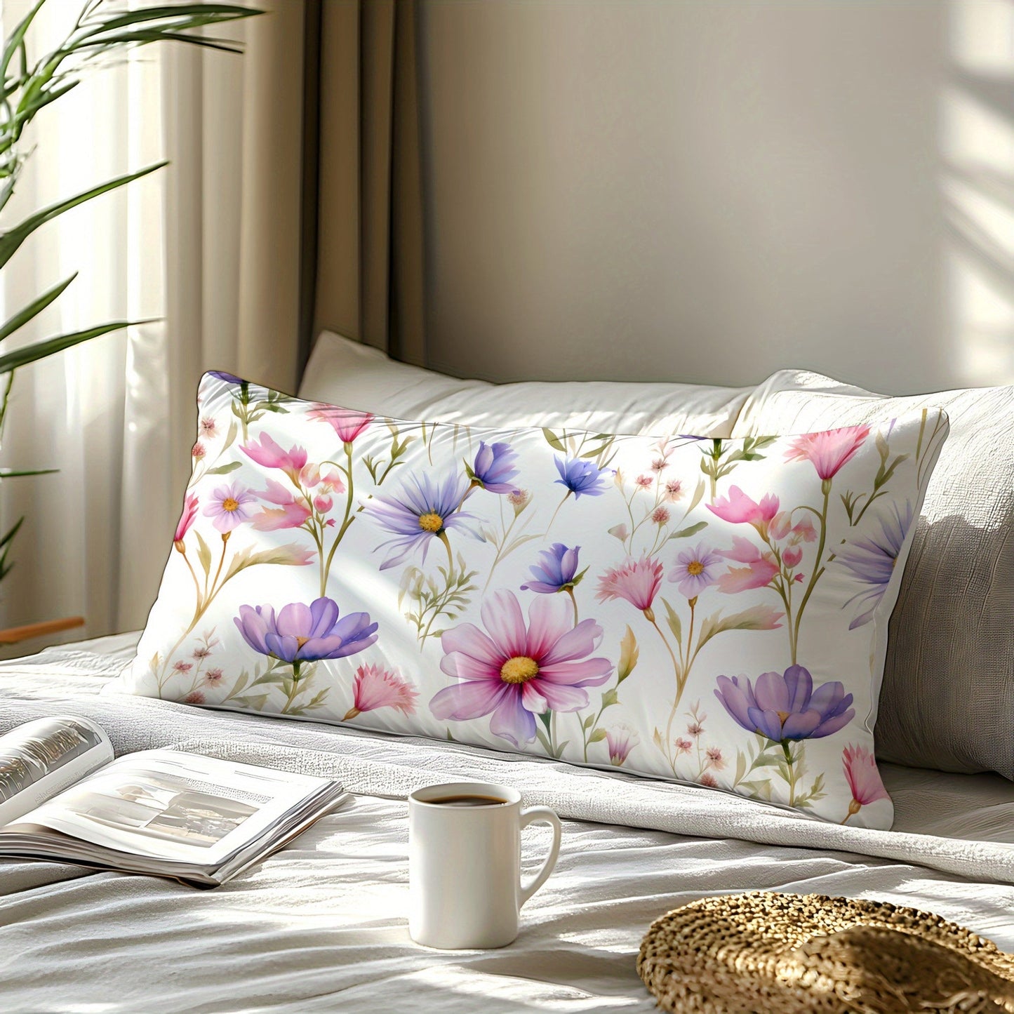 Luxurious Floral Pillowcase with Soft and Skin-Friendly Fabric - 3D Digital Print, Made from Natural Fibers, Envelope Closure, Machine Washable for Bedroom, Guest Room, or Hotel Decor