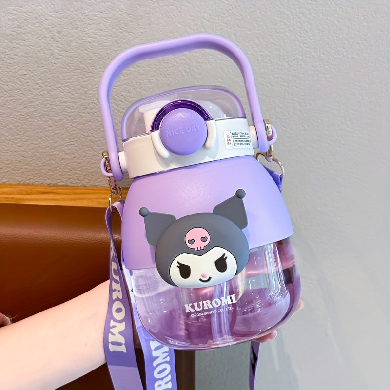 Large capacity water bottle with flip top, straw, and cute Sanrio designs. Ideal for outdoor sports, fitness, and travel.