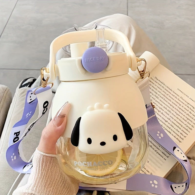 Large capacity water bottle with flip top, straw, and cute Sanrio designs. Ideal for outdoor sports, fitness, and travel.