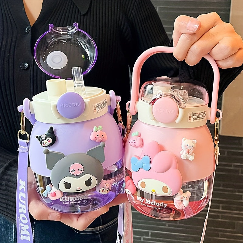 Large capacity water bottle with flip top, straw, and cute Sanrio designs. Ideal for outdoor sports, fitness, and travel.