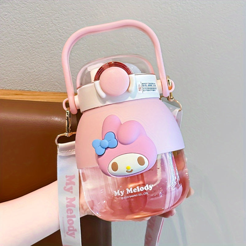 Large capacity water bottle with flip top, straw, and cute Sanrio designs. Ideal for outdoor sports, fitness, and travel.