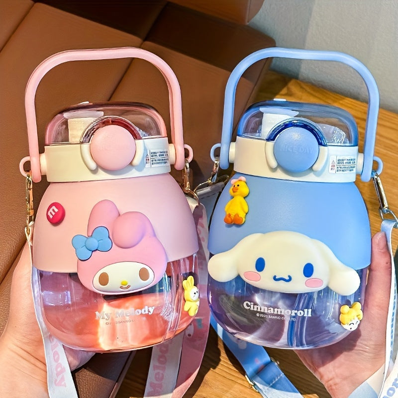 Large capacity water bottle with flip top, straw, and cute Sanrio designs. Ideal for outdoor sports, fitness, and travel.