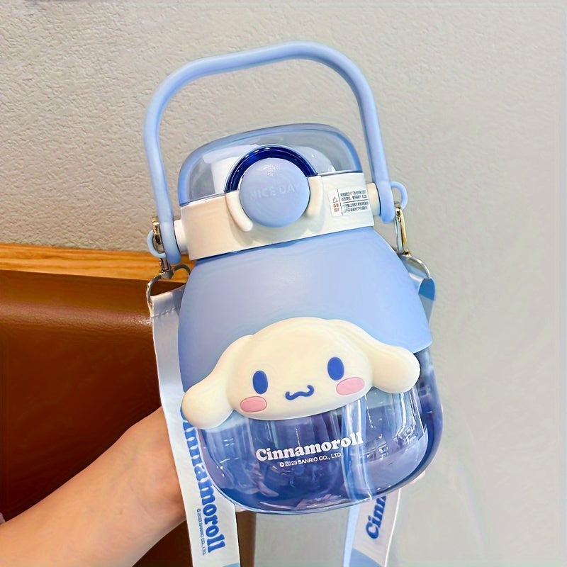 Large capacity water bottle with flip top, straw, and cute Sanrio designs. Ideal for outdoor sports, fitness, and travel.