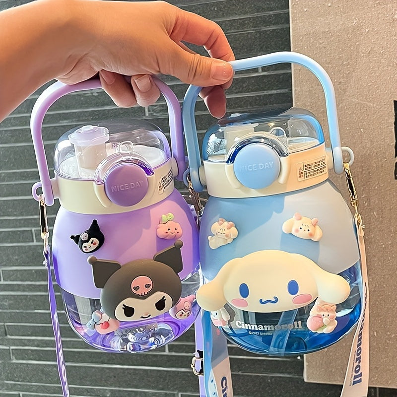 Large capacity water bottle with flip top, straw, and cute Sanrio designs. Ideal for outdoor sports, fitness, and travel.