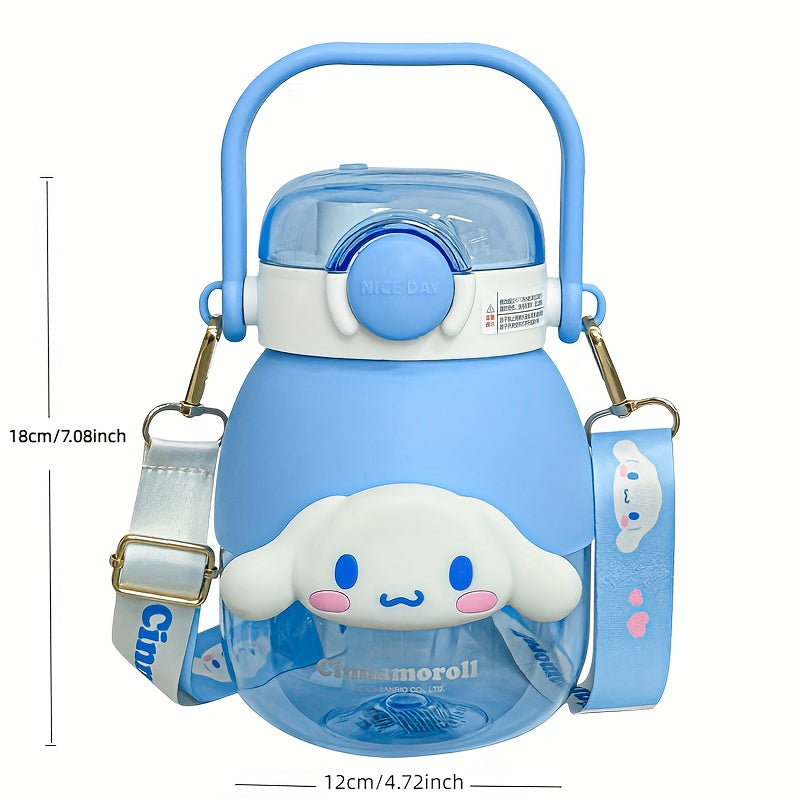 Large capacity water bottle with flip top, straw, and cute Sanrio designs. Ideal for outdoor sports, fitness, and travel.