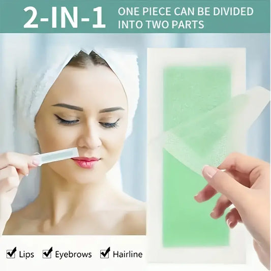 Versatile hair removal wax strips for various areas, leaves no residue. Ideal for lip, face, eyebrows, and bikini line.