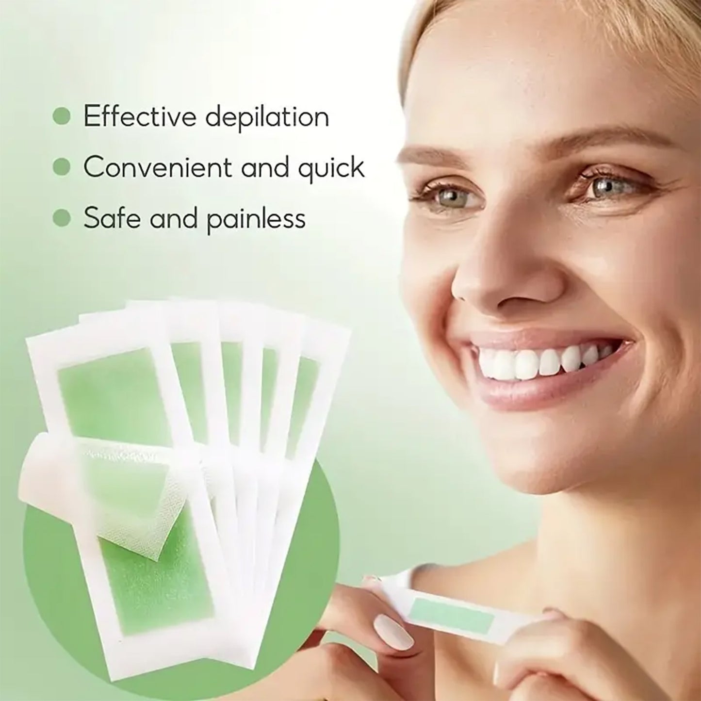 Versatile hair removal wax strips for various areas, leaves no residue. Ideal for lip, face, eyebrows, and bikini line.