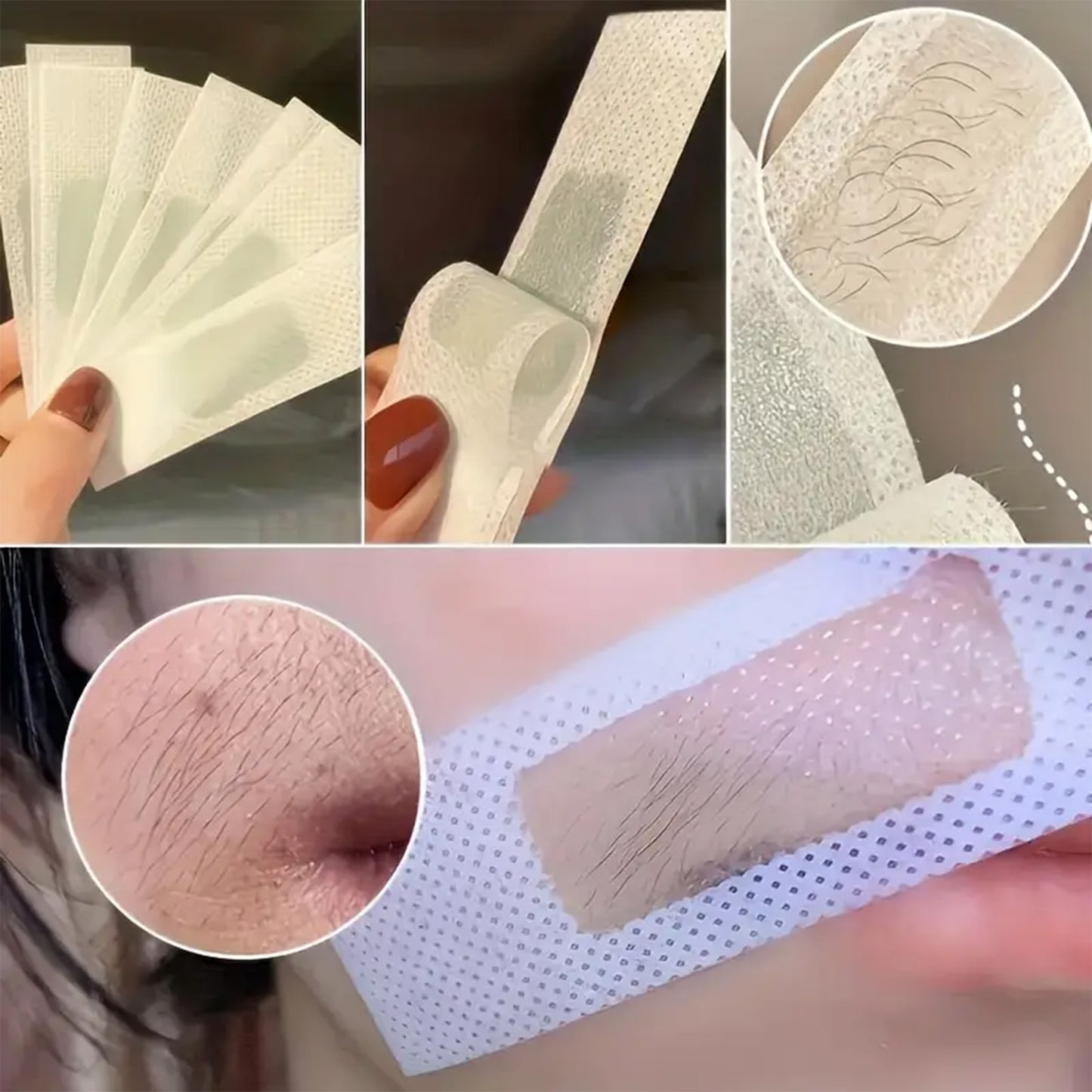 Versatile hair removal wax strips for various areas, leaves no residue. Ideal for lip, face, eyebrows, and bikini line.