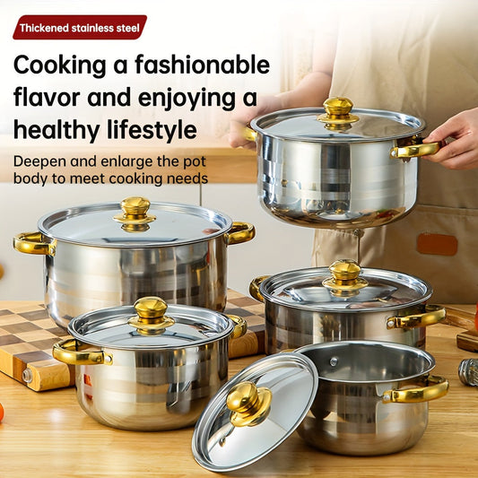 Stainless Steel Cookware Set includes 5 pieces with Lids, Dual Handles, Durable Thickened Pots for Home and Restaurant Use. Perfect for Broth, Hot Pot, Noodles, Pasta, Seafood. Sizes: 18.01 cm, 19.99 cm, 22.0 cm, 24.0 cm, 26.01 cm.