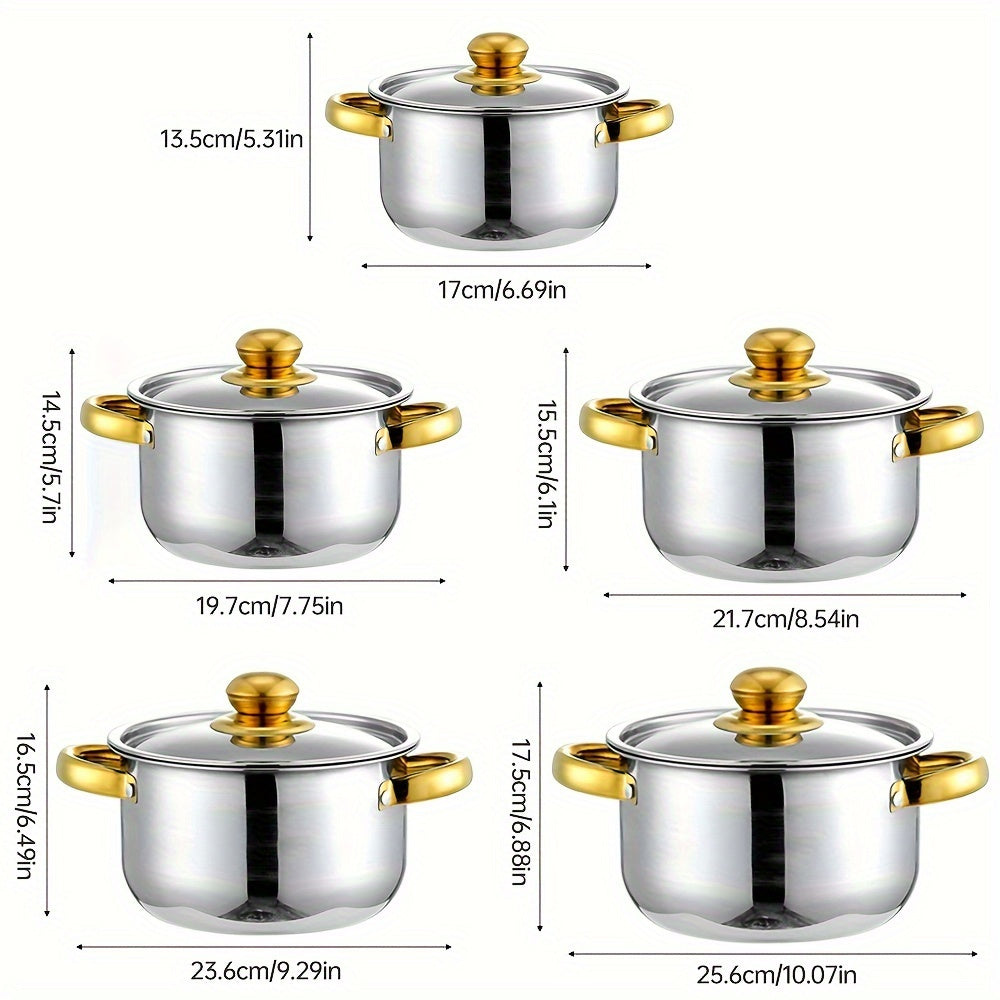 Stainless Steel Cookware Set includes 5 pieces with Lids, Dual Handles, Durable Thickened Pots for Home and Restaurant Use. Perfect for Broth, Hot Pot, Noodles, Pasta, Seafood. Sizes: 18.01 cm, 19.99 cm, 22.0 cm, 24.0 cm, 26.01 cm.