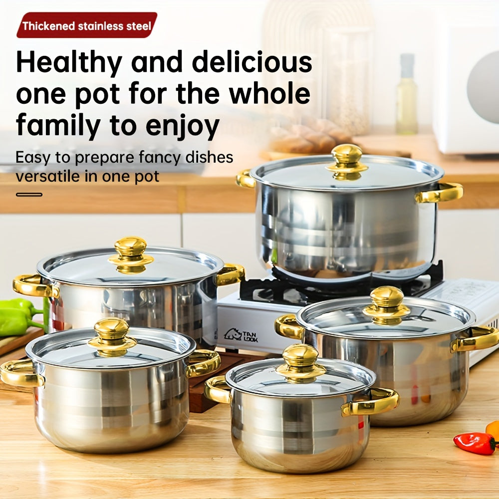 Stainless Steel Cookware Set includes 5 pieces with Lids, Dual Handles, Durable Thickened Pots for Home and Restaurant Use. Perfect for Broth, Hot Pot, Noodles, Pasta, Seafood. Sizes: 18.01 cm, 19.99 cm, 22.0 cm, 24.0 cm, 26.01 cm.