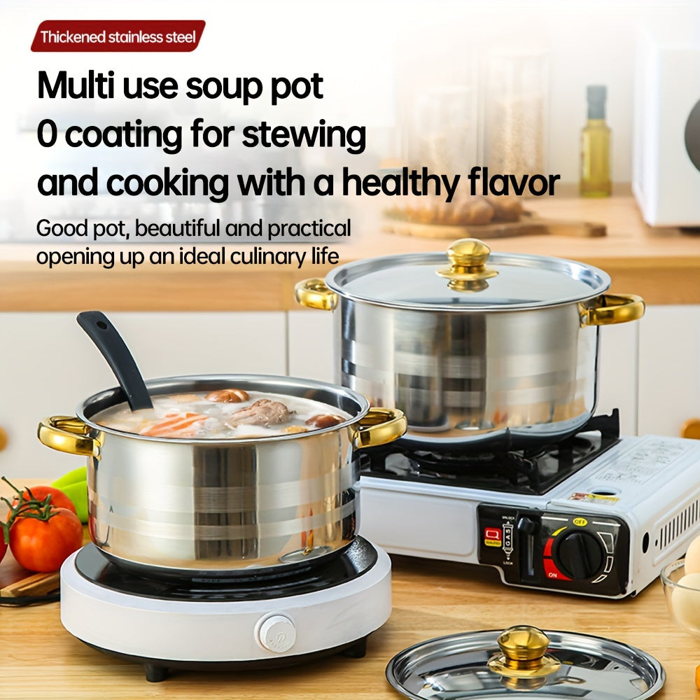 Stainless Steel Cookware Set includes 5 pieces with Lids, Dual Handles, Durable Thickened Pots for Home and Restaurant Use. Perfect for Broth, Hot Pot, Noodles, Pasta, Seafood. Sizes: 18.01 cm, 19.99 cm, 22.0 cm, 24.0 cm, 26.01 cm.