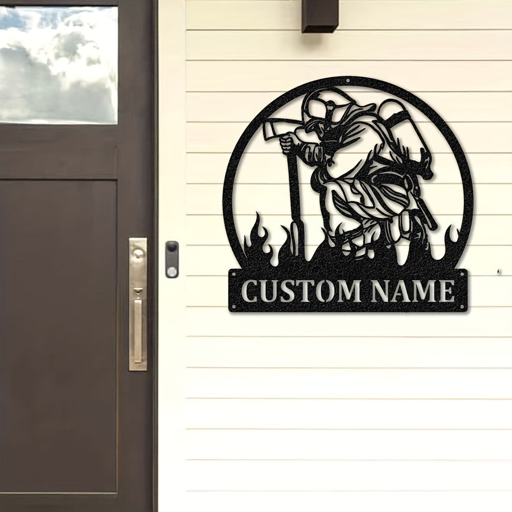 Customizable Personalized Firefighter Metal Door Hanger in Black Iron, Perfect for Home Decor - Customizable Name Option - Ideal Fireman Gift - Durable and Reusable Circular Design - Features Decorative Geometric Firefighter Silhouette - Suitable for