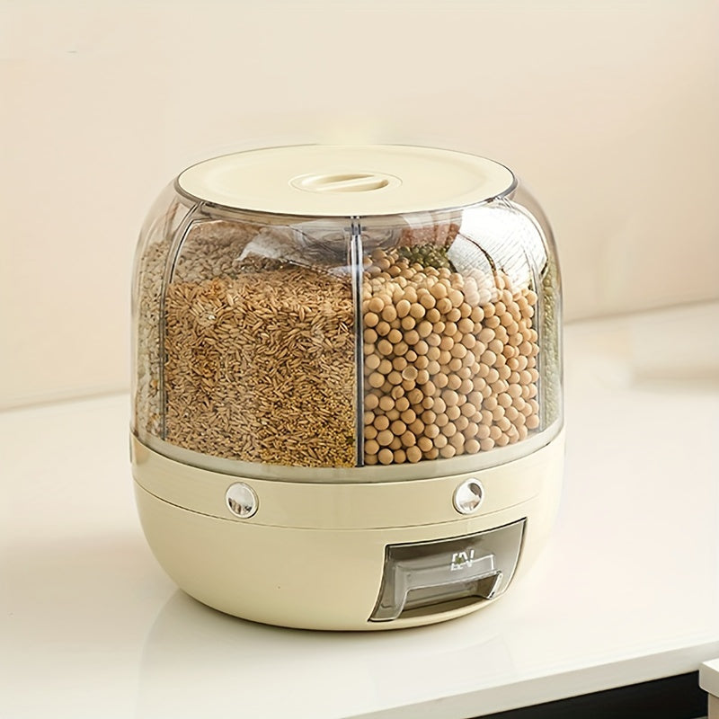 Large capacity rotating storage box for grains, moisture-proof and insect-proof. Ideal for rice, cereals, grains, flours, and pet food with transparent multi-compartment design for easy