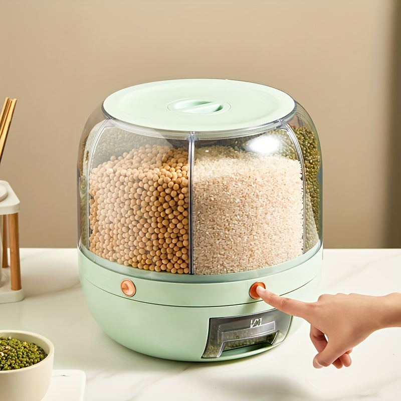 Large capacity rotating storage box for grains, moisture-proof and insect-proof. Ideal for rice, cereals, grains, flours, and pet food with transparent multi-compartment design for easy