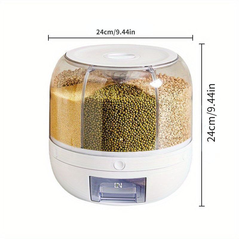 Large capacity rotating storage box for grains, moisture-proof and insect-proof. Ideal for rice, cereals, grains, flours, and pet food with transparent multi-compartment design for easy