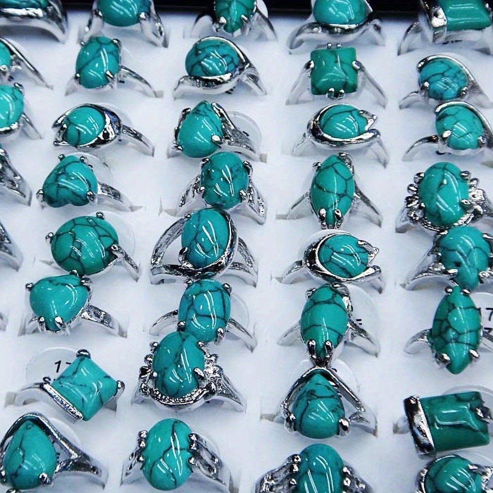 Wholesale Jewelry: Set of 10 Vibrant Turquoise Rings - Boho Style, crafted with Natural Stone Inlays, Ideal for Festivals & Casual Wear, Fashion Rings made of Alloy, Plated Finish