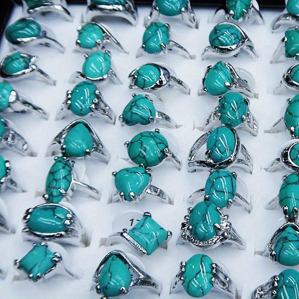 Wholesale Jewelry: Set of 10 Vibrant Turquoise Rings - Boho Style, crafted with Natural Stone Inlays, Ideal for Festivals & Casual Wear, Fashion Rings made of Alloy, Plated Finish