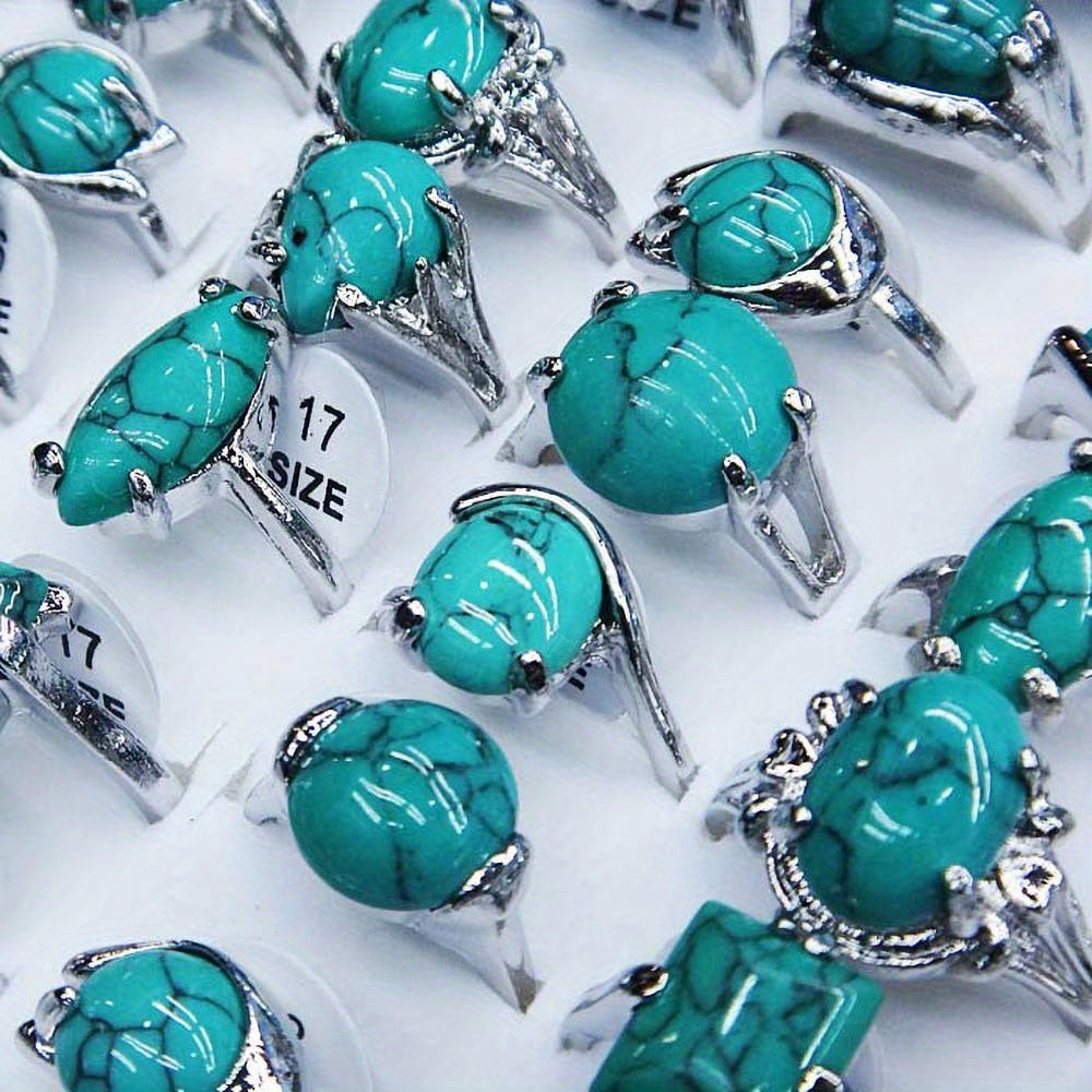 Wholesale Jewelry: Set of 10 Vibrant Turquoise Rings - Boho Style, crafted with Natural Stone Inlays, Ideal for Festivals & Casual Wear, Fashion Rings made of Alloy, Plated Finish