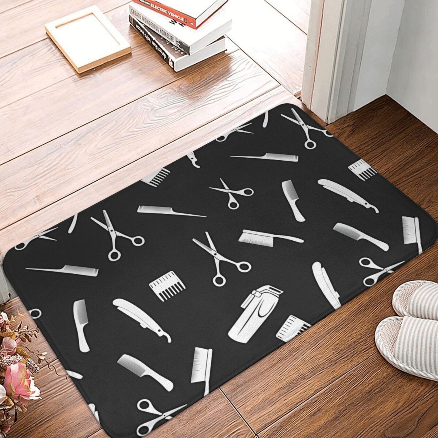 Barbershop-Inspired Doormat - This durable doormat is made from 100% polyester and can be easily machine washed. It features a stylish pattern of haircutting scissors and combs, making it a perfect addition to your bedroom, kitchen, or entryway decor.