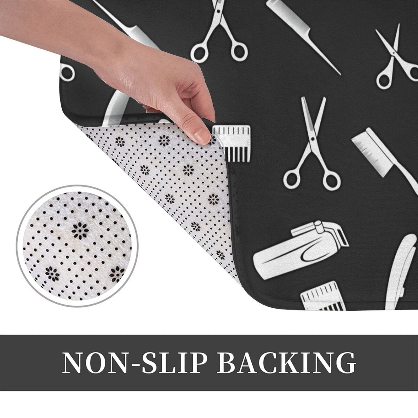 Barbershop-Inspired Doormat - This durable doormat is made from 100% polyester and can be easily machine washed. It features a stylish pattern of haircutting scissors and combs, making it a perfect addition to your bedroom, kitchen, or entryway decor.