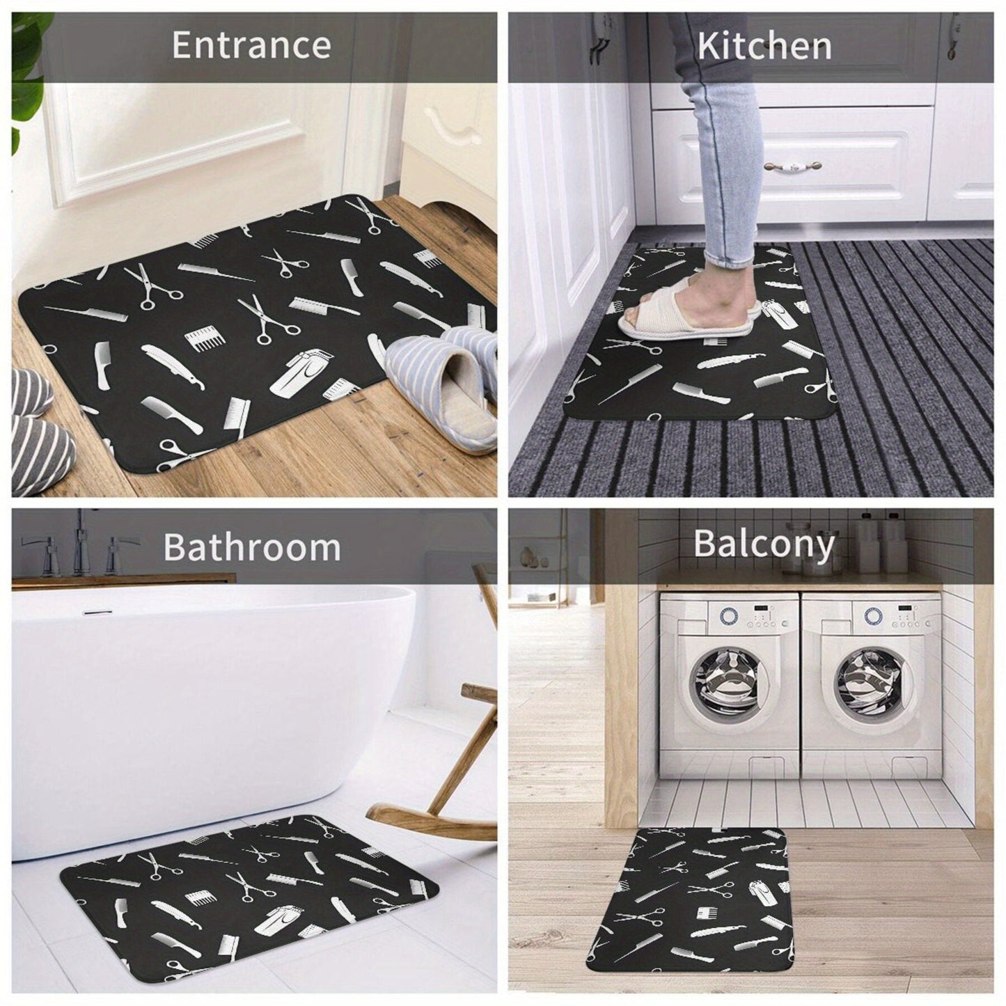 Barbershop-Inspired Doormat - This durable doormat is made from 100% polyester and can be easily machine washed. It features a stylish pattern of haircutting scissors and combs, making it a perfect addition to your bedroom, kitchen, or entryway decor.