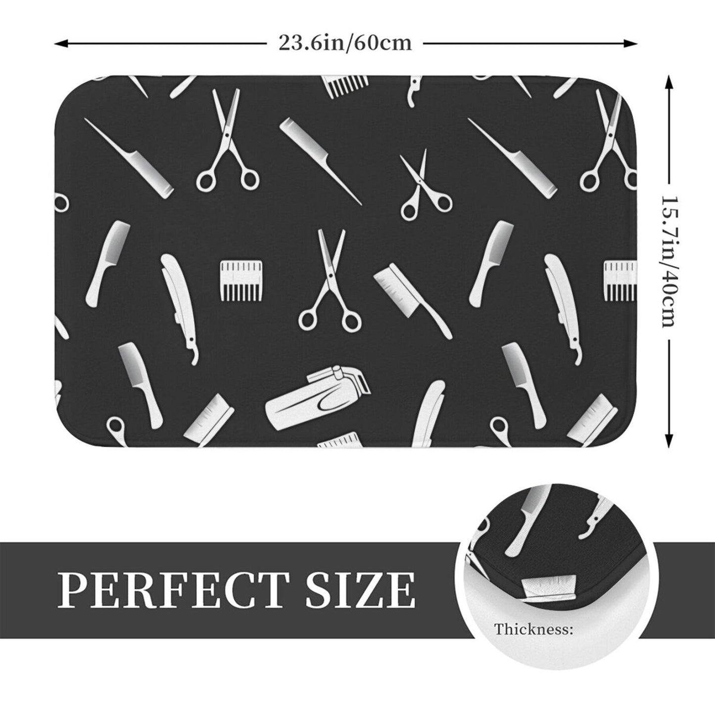 Barbershop-Inspired Doormat - This durable doormat is made from 100% polyester and can be easily machine washed. It features a stylish pattern of haircutting scissors and combs, making it a perfect addition to your bedroom, kitchen, or entryway decor.