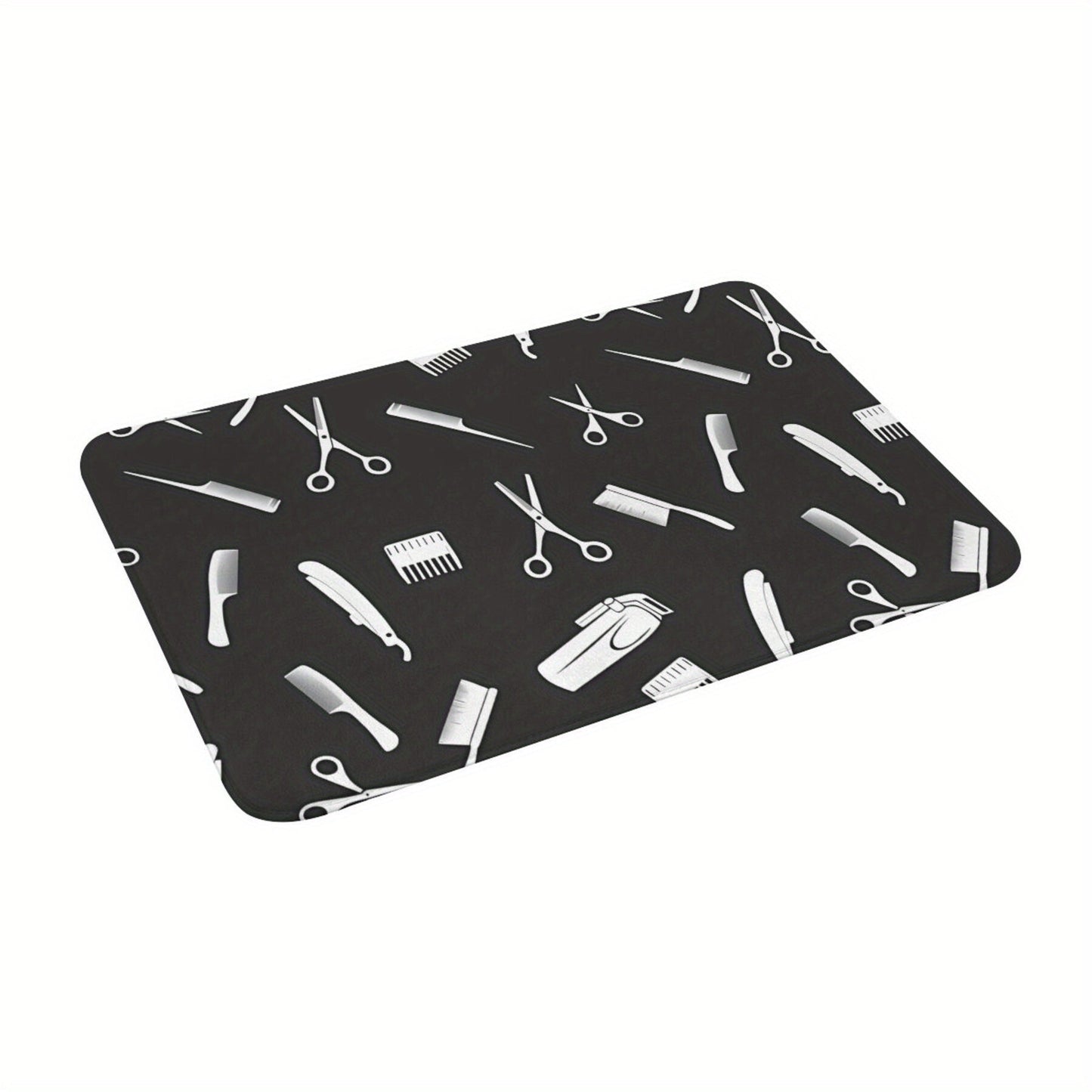 Barbershop-Inspired Doormat - This durable doormat is made from 100% polyester and can be easily machine washed. It features a stylish pattern of haircutting scissors and combs, making it a perfect addition to your bedroom, kitchen, or entryway decor.