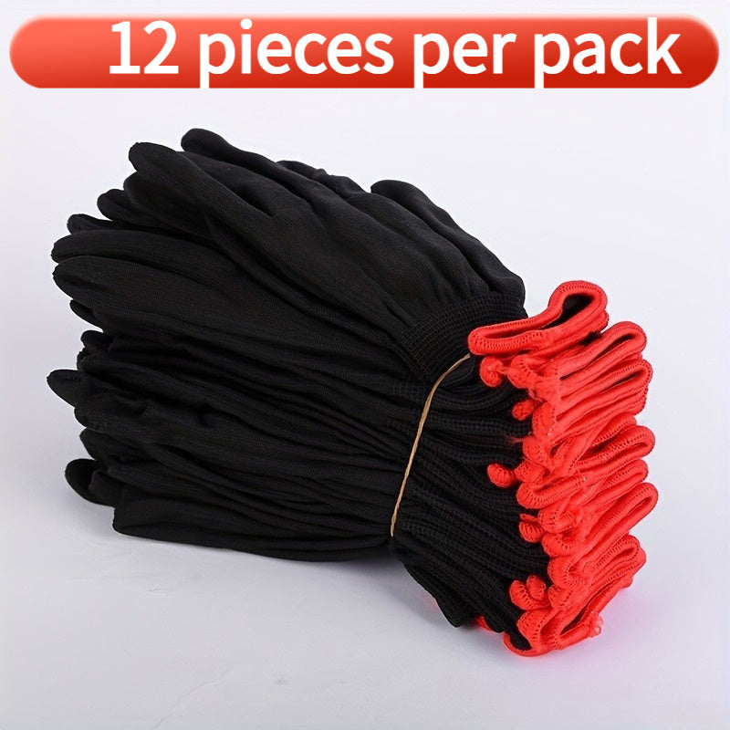 Breathable nylon work gloves, 12pcs set, no PU or silicone coating, lead and BPA free, not waterproof, ideal for construction, DIY, gardening (digging, planting, weeding), nail and finger