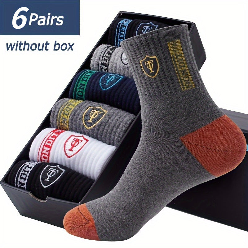 6 pairs of men's cotton blend athletic ankle socks with geometric pattern, sweat absorbing, embroidered crest, hand wash only, in assorted colors.