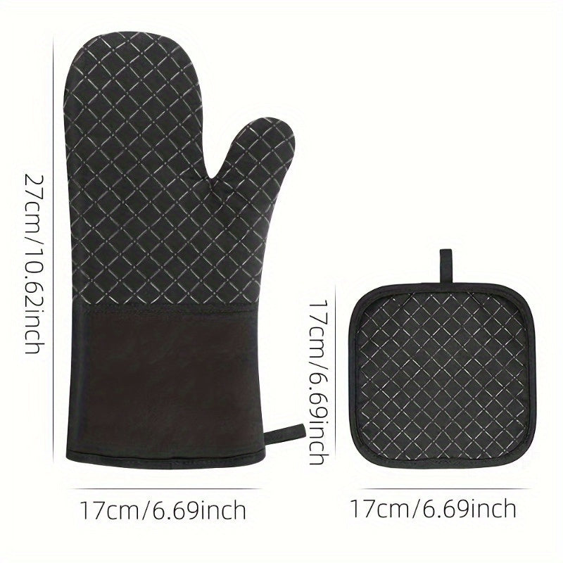 Set of 2 Silicone Oven Mitts and Pot Holder, featuring thickened heat resistant gloves and insulation pad. These non-slip kitchen gadgets are perfect for BBQ, baking, cooking, grilling, handling hot dishes and pans, as well as a decorative replacement