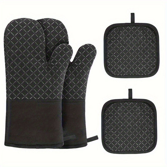 Set of 2 Silicone Oven Mitts and Pot Holder, featuring thickened heat resistant gloves and insulation pad. These non-slip kitchen gadgets are perfect for BBQ, baking, cooking, grilling, handling hot dishes and pans, as well as a decorative replacement