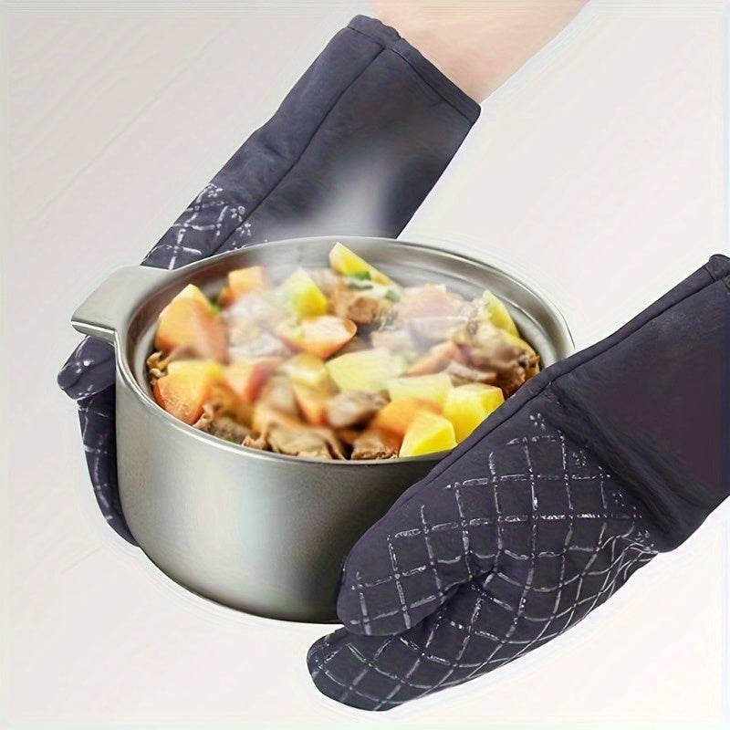 Set of 2 Silicone Oven Mitts and Pot Holder, featuring thickened heat resistant gloves and insulation pad. These non-slip kitchen gadgets are perfect for BBQ, baking, cooking, grilling, handling hot dishes and pans, as well as a decorative replacement