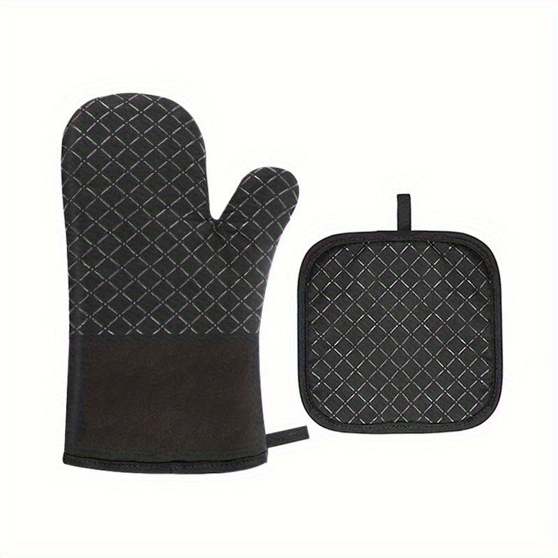 Set of 2 Silicone Oven Mitts and Pot Holder, featuring thickened heat resistant gloves and insulation pad. These non-slip kitchen gadgets are perfect for BBQ, baking, cooking, grilling, handling hot dishes and pans, as well as a decorative replacement