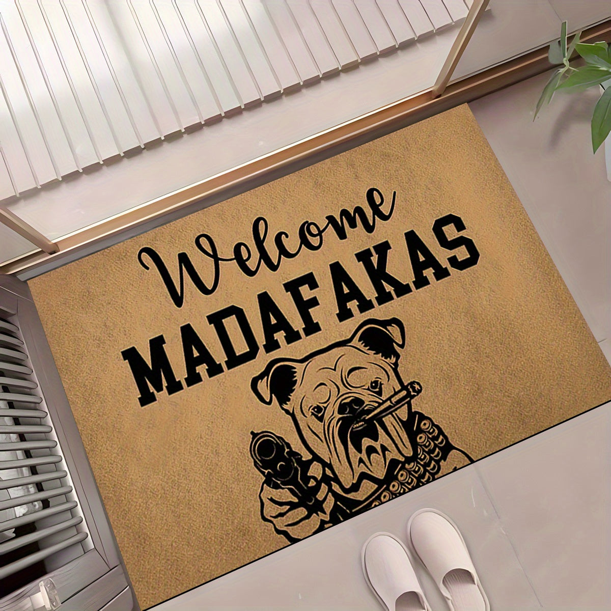 A unique welcome mat featuring a "Welcome Madafakas" design, complete with a dog holding a gun pattern. This anti-slip, absorbent mat is easy to clean and made of crystal velvet carpet material. Perfect for use in entrances, bedrooms, farms, and both