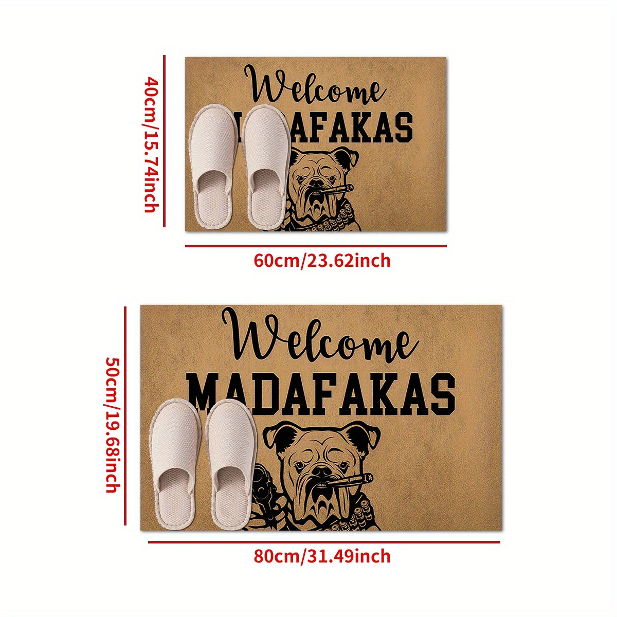 A unique welcome mat featuring a "Welcome Madafakas" design, complete with a dog holding a gun pattern. This anti-slip, absorbent mat is easy to clean and made of crystal velvet carpet material. Perfect for use in entrances, bedrooms, farms, and both