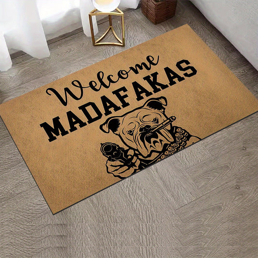 A unique welcome mat featuring a "Welcome Madafakas" design, complete with a dog holding a gun pattern. This anti-slip, absorbent mat is easy to clean and made of crystal velvet carpet material. Perfect for use in entrances, bedrooms, farms, and both