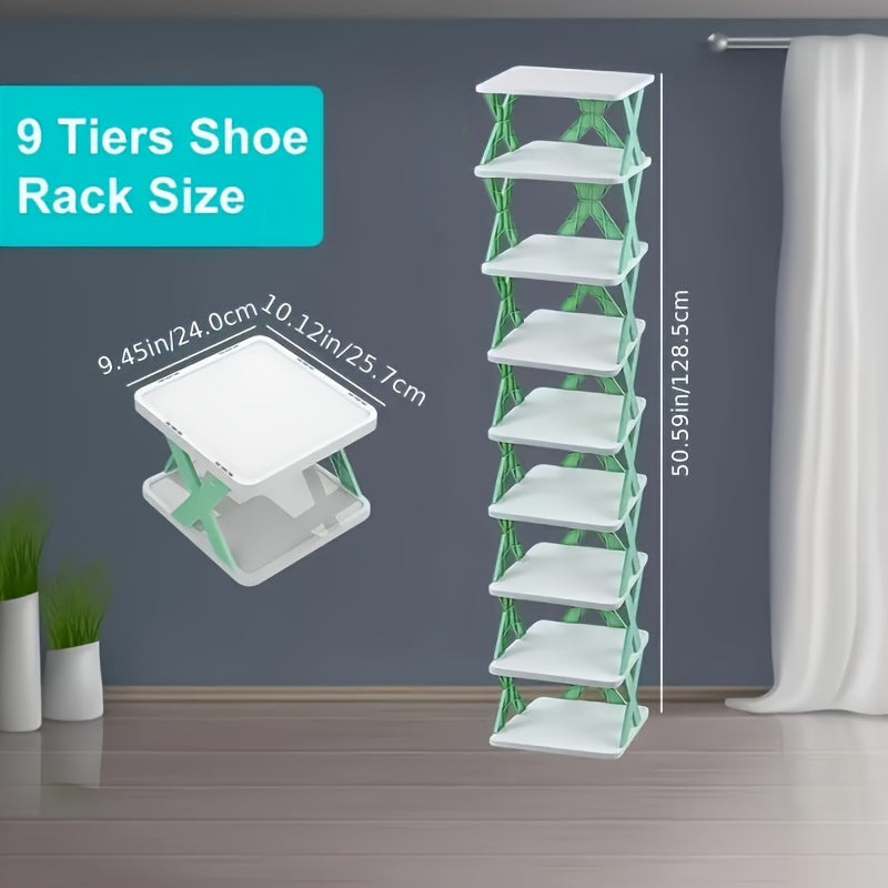 9-Tier Foldable Shoe Rack Made of Sturdy Plastic - Space-Saving Floor Organizer for Entryway, Bedroom, Living Room & Dorm