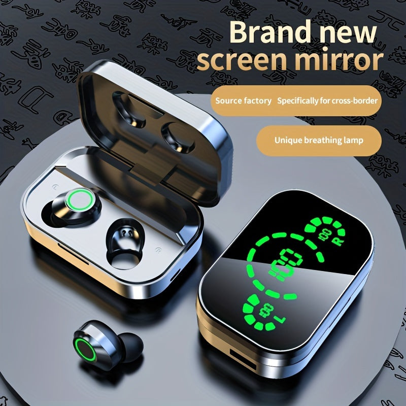 Wireless earbuds with battery indicator and charging case, compatible with Xiaomi and iPhone.