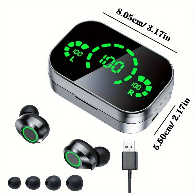 Wireless earbuds with battery indicator and charging case, compatible with Xiaomi and iPhone.