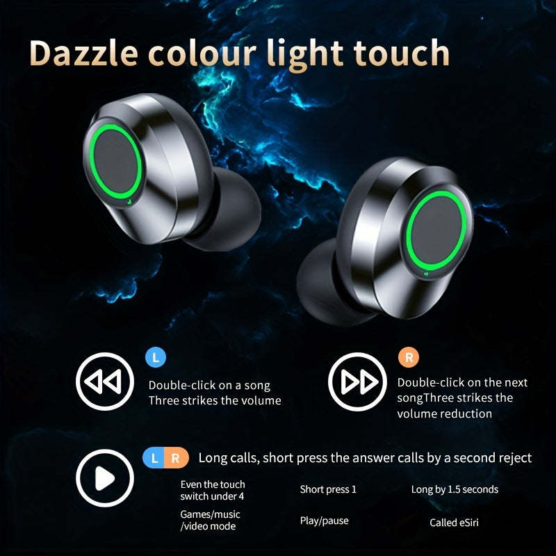 Wireless earbuds with battery indicator and charging case, compatible with Xiaomi and iPhone.