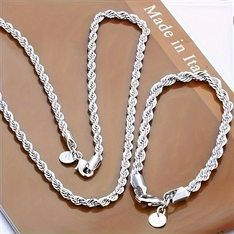 925 Sterling Silver Twisted Rope Chain Necklace and Bracelet Set, Includes 2 Pieces, Elegant Classic Style, No Stones, Plated Jewelry Ideal for Women, Perfect for Daily Wear or Gifting