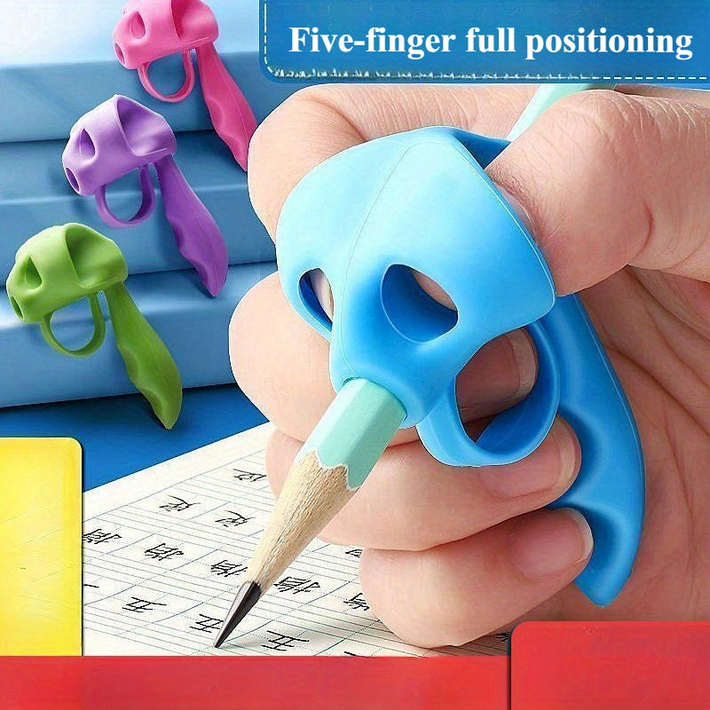 Five-pack of silicone pencil grips with ergonomic triangular design for training writing habits, lightweight office supplies for daily use.