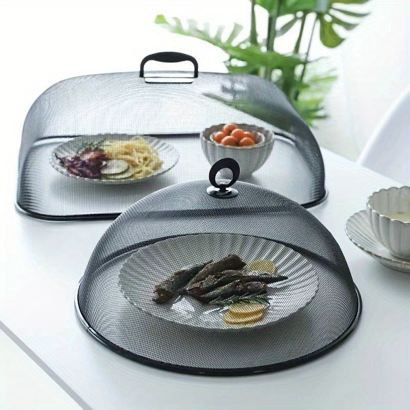 Mesh food cover made of stainless steel for use on indoor and outdoor tables, ideal for kitchen storage and organization. Can also be used as a lid for canister containers and other kitchen accessories.